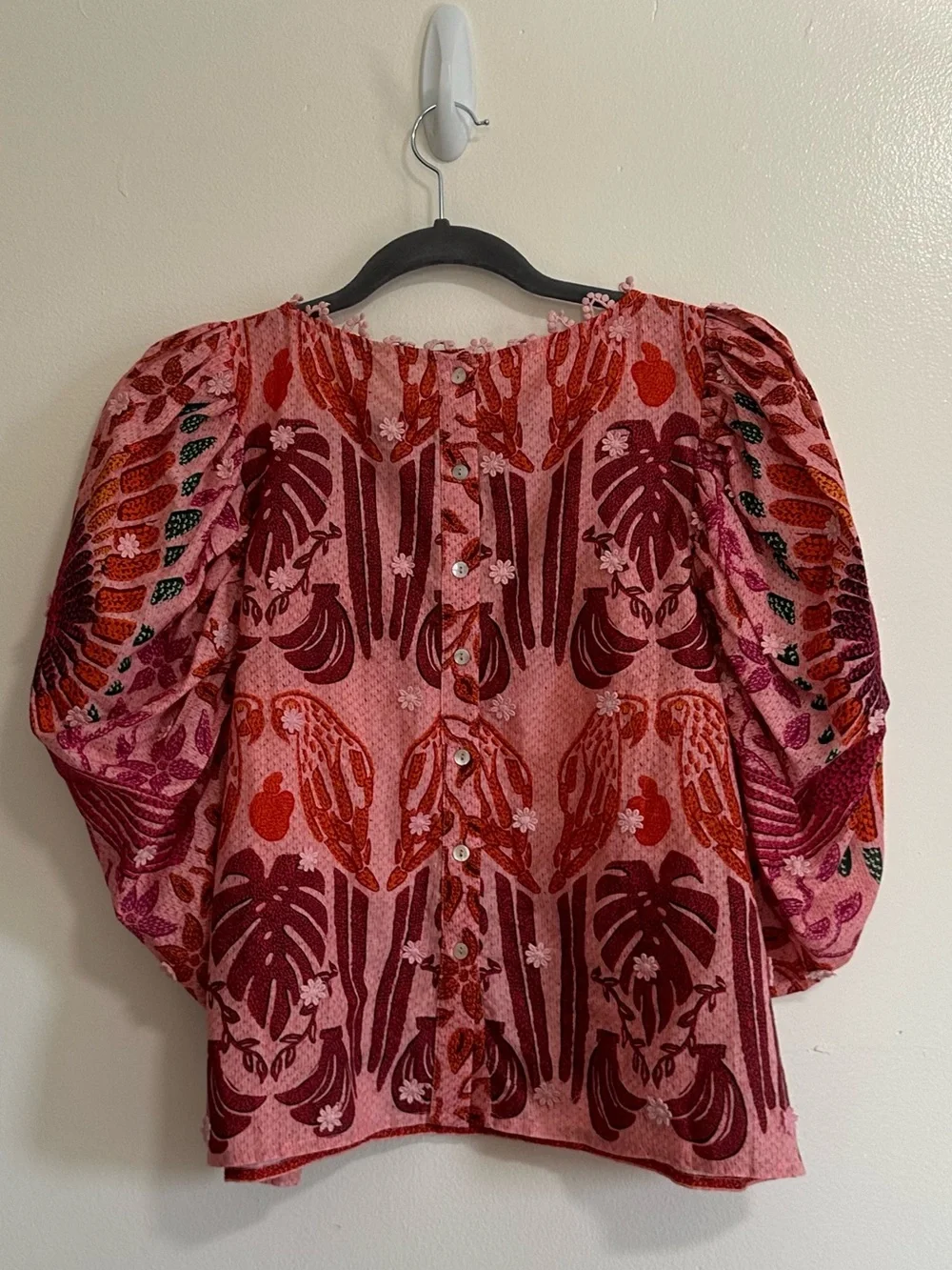 Farm Rio Puff Sleeve Blouse Pink Tropical Floral Print, Size Medium